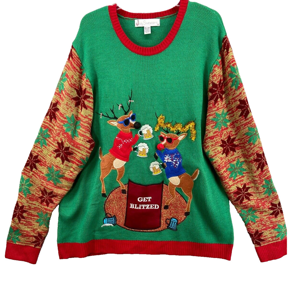 Ugly Christmas Jolly Sweater Mens Sz XXL "Get Blitzed" Drinking Party Reindeer‎